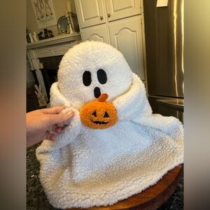 At Home Happy Haunting Ghost Shaped Throw Pillow w/ Pumpkin, 16" Halloween Decor